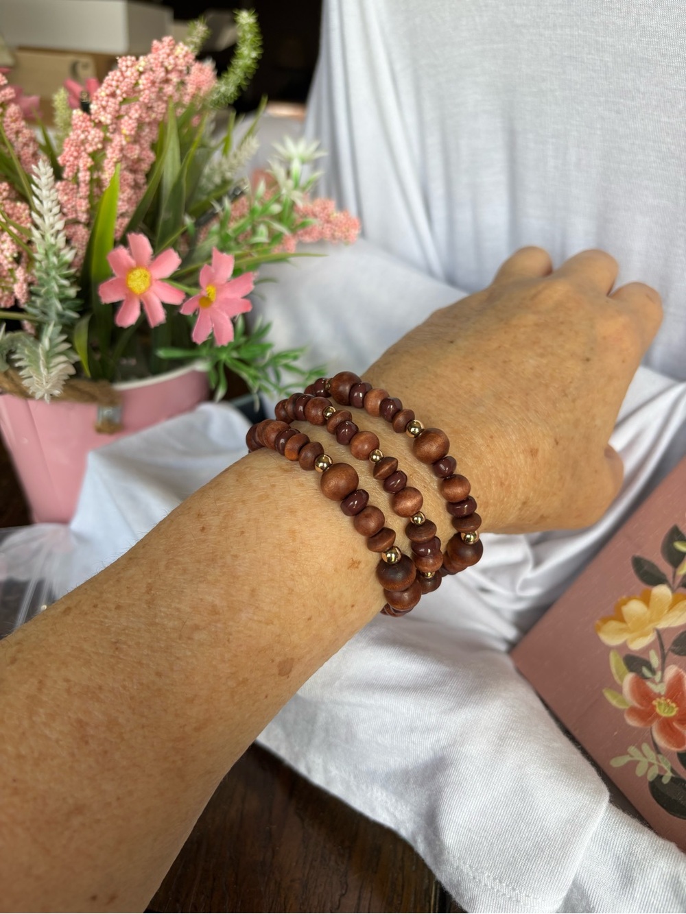 Park Lane Driftwood Brown Wooden and Golden Bead Bracelet Set of 3 - Picture 7 of 8